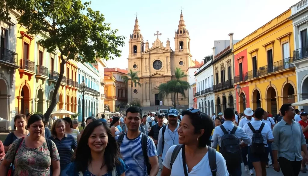 A serene town square in Granada, Nicaragua, on a sun-dappled afternoon. In the foreground, a group of locals and tourists mingle casually, their faces reflecting a sense of ease and security. In the middle ground, colorful colonial buildings with ornate facades line the streets, their architectural details illuminated by the warm light. In the background, the iconic Iglesia de La Merced cathedral rises majestically, its towering spires and intricate stone carvings a testament to the town's rich history. The overall atmosphere conveys a feeling of safety and tranquility, inviting visitors to explore Granada's charms with confidence.