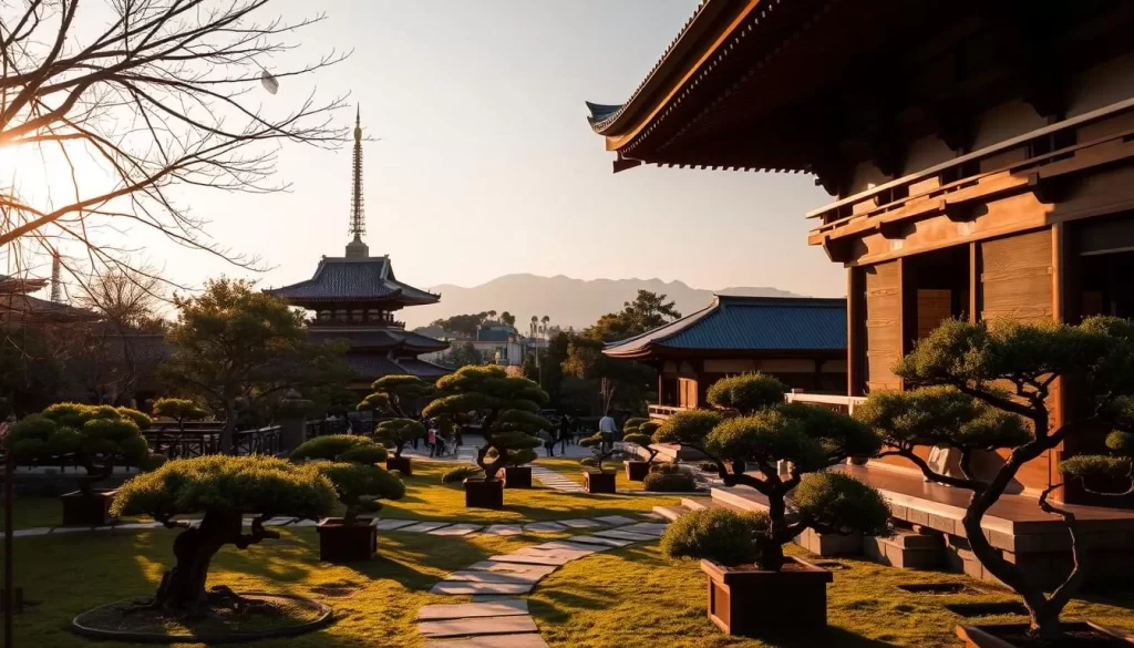 A serene, tranquil scene of Kyoto's iconic temples, bathed in the warm glow of the afternoon sun. In the foreground, a lush garden with carefully pruned bonsai trees and stone pathways, inviting visitors to slow down and immerse themselves in the peaceful atmosphere. In the middle ground, the majestic, historic structures rise up, their intricate architecture and vibrant red-tiled roofs reflecting the traditional Japanese aesthetic. The background features a distant, hazy mountain range, adding depth and a sense of place. The lighting is soft and diffused, creating a calming, ambient mood that encourages visitors to explore the temple grounds and discover the tranquility that lies within, away from the crowds.