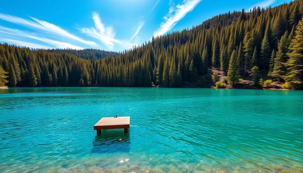 A serene turquoise lake nestled amidst a dense, verdant forest of towering pine trees. Sunlight dances on the calm waters, casting warm, golden reflections. In the foreground, a small wooden dock juts out, inviting visitors to dip their toes in the crystal-clear waters. Wispy cirrus clouds dot the bright blue sky, creating a sense of tranquility and peacefulness. The scene exudes the feeling of a remote, untouched wilderness, a true oasis of natural beauty, the "Caribbean of the North".