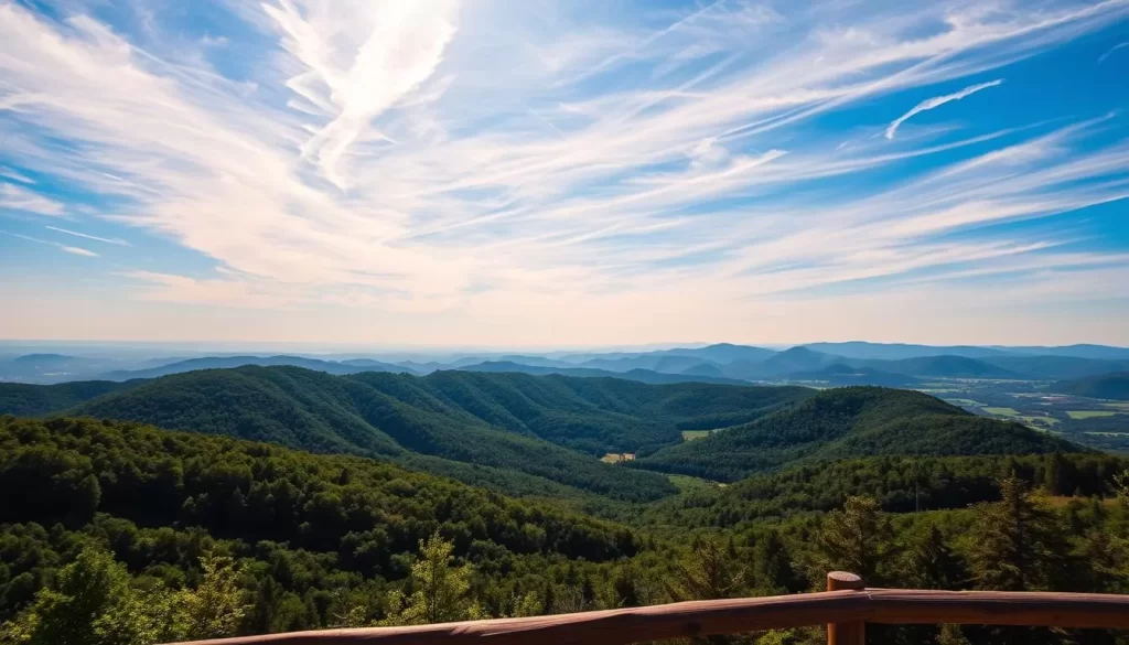 A serene viewpoint overlooking the lush, rolling hills of Fruška Gora National Park in Serbia. The foreground showcases a scenic overlook with a wooden railing, framing the stunning panorama in the distance. Lush, verdant forests cover the undulating landscape, dotted with occasional meadows and clearings. The sky is a brilliant blue, with wispy clouds drifting overhead, casting gentle shadows across the scene. Warm, golden sunlight bathes the entire vista, creating a peaceful, tranquil atmosphere. Capture the essence of this natural wonder, highlighting the beauty and tranquility of Fruška Gora for nature lovers.