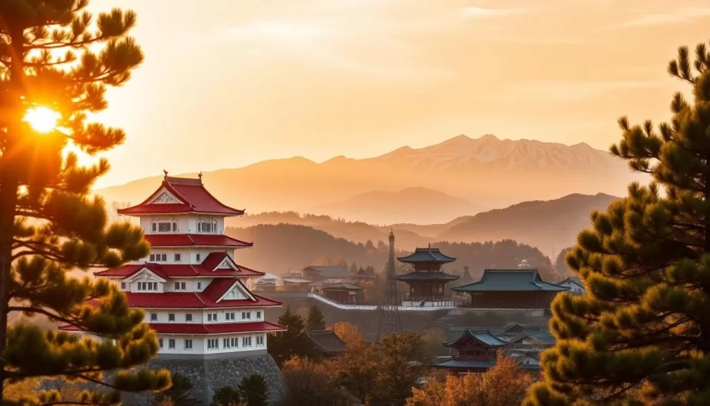 A serene vista of Fukushima City's historical treasures, bathed in the warm glow of a golden afternoon sun. In the foreground, the majestic Tsuruga Castle stands tall, its red-tiled roof and white stone walls reflecting the tranquil beauty of the surrounding landscape. Towering pine trees frame the scene, their verdant canopies providing a lush, natural backdrop. In the middle ground, traditional Japanese architecture, including ancient temples and shrines, dot the rolling hills, each building a testament to the city's rich cultural heritage. The background is dominated by the rugged, snow-capped peaks of the Abukuma Highlands, casting a serene, awe-inspiring presence over the entire tableau. Crisp, detailed, and evocative, this image captures the essence of Fukushima City's timeless historical treasures.