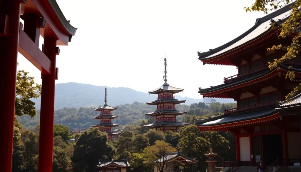 A serene vista of Kyoto's iconic cultural landmarks on a sun-dappled day. In the foreground, the ornate red torii gate of Fushimi Inari-taisha shrine stands tall, its intricate details casting subtle shadows. Beyond, the graceful pagodas of Kiyomizudera temple rise majestically, their multi-tiered roofs glistening in the warm light. In the distance, the lush, rolling hills of Higashiyama provide a picturesque backdrop, their verdant foliage complementing the historic architecture. The entire scene is imbued with a timeless, peaceful atmosphere, inviting the viewer to step into the cultural heart of Japan.