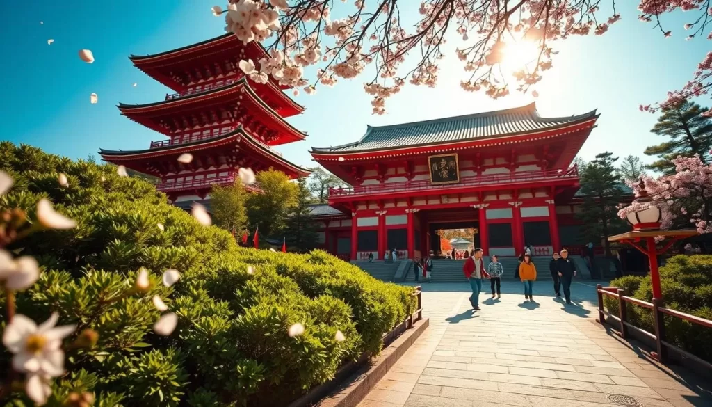 A serene vista of Sensō-ji Temple's iconic pagoda and main hall, bathed in warm sunlight and surrounded by lush greenery. In the foreground, cherry blossom petals drift lazily on a gentle breeze, creating a dreamy atmosphere. The temple's crimson architecture stands in stunning contrast against the azure sky, while intricate carvings and ornaments adorn its façade. Visitors meander along the stone pathways, taking in the peaceful ambiance of this centuries-old Japanese landmark. Capture the essence of this sacred space with a wide-angle lens, showcasing the harmonious blend of natural and man-made elements that define the temple grounds.