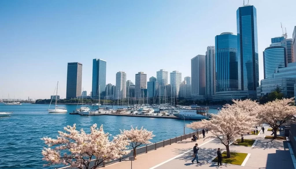 A serene waterfront scene in Tokyo's Kōtō-ku district, showcasing its picturesque harbor and modern skyline. In the foreground, a tranquil promenade lined with cherry blossom trees and people leisurely strolling. The middle ground features a bustling marina with sailboats and yachts gently bobbing on the calm, sparkling waters. Towering in the background, the sleek, glass-clad skyscrapers of the city's financial district create a striking contrast against the blue summer sky. The scene is bathed in warm, golden light, evoking a sense of peace and relaxation.
