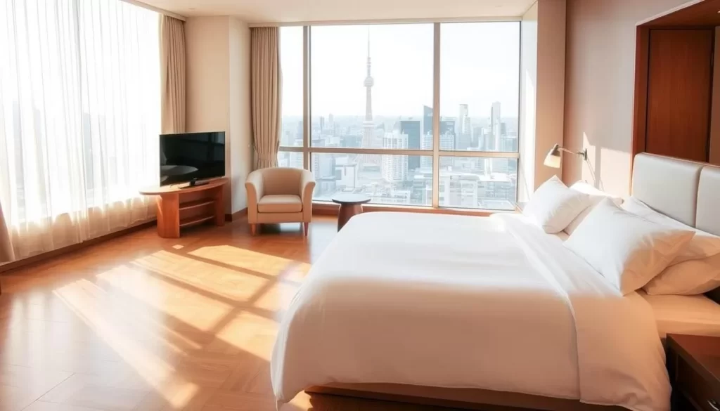 A serene, well-appointed hotel room in Taitō-ku, Tokyo, bathed in natural light streaming through large windows. Wooden floors, crisp white linens, and tasteful Japanese-inspired decor create a tranquil, minimalist atmosphere. A cozy sitting area with plush armchairs invites relaxation, while a partially visible en-suite bathroom suggests modern amenities. The room overlooks a picturesque urban landscape, with the iconic Tokyo Skytree visible in the distance. The scene conveys a sense of comfort, convenience, and cultural integration, reflecting the best of Taitō-ku's accommodations.