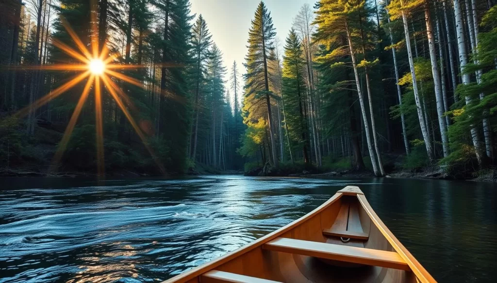 A serene wilderness landscape along the Allagash Wilderness Waterway in Maine. Sunlight filters through the dense forest, casting a warm glow on the gently flowing river. Towering pines and birch trees line the banks, their reflections rippling on the calm waters. In the foreground, a wooden canoe rests peacefully, inviting the viewer to embark on an adventurous journey through this pristine, untamed wilderness. The scene conveys a sense of solitude and tranquility, capturing the essence of Maine's iconic Allagash Waterway.