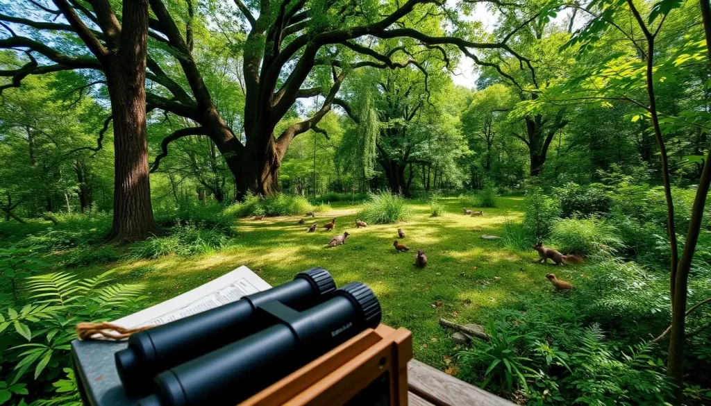 A serene wildlife viewing scene in a lush, verdant forest. In the foreground, a small wooden viewing platform with high-powered binoculars and a weathered field guide. In the middle ground, a diverse array of birds, squirrels, and other small woodland creatures, captured in a moment of natural wonder. The background features a canopy of towering oak and maple trees, dappled with sunlight filtering through the leaves. The overall scene evokes a sense of peaceful observation, inviting the viewer to immerse themselves in the tranquility of the natural world.