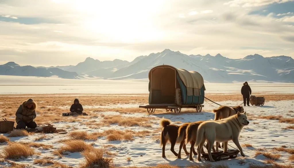 A serene, windswept tundra landscape under a soft, golden light. In the foreground, a small group of Inuit people engaged in traditional activities - weaving intricate baskets, carving ivory trinkets, and preparing a meal over an open fire. The middle ground features a well-worn, snow-covered sled pulled by a team of hardy sled dogs, with a lone figure guiding it. In the distance, the rugged, snow-capped peaks of the Canadian Arctic rise majestically, evoking a sense of timeless connection to the land. The overall mood is one of quiet contemplation and reverence for the resilient Inuit culture and heritage.