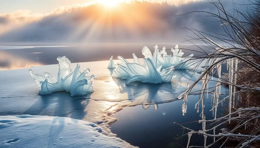A serene winter landscape at Lake Inawashiro, Japan, where the still waters are adorned with mesmerizing spray ice formations. Crisp, golden sunlight filters through the misty air, casting a warm glow on the intricate, crystalline structures that protrude from the partially frozen lake. The shoreline is blanketed in a pristine layer of snow, contrasting beautifully with the deep blue hues of the water. Delicate icicles cling to the lakeside vegetation, adding to the enchanting, fairy-tale-like atmosphere. Capture the tranquil beauty of this natural wonder, showcasing the captivating winter scenery of this picturesque Japanese landscape.