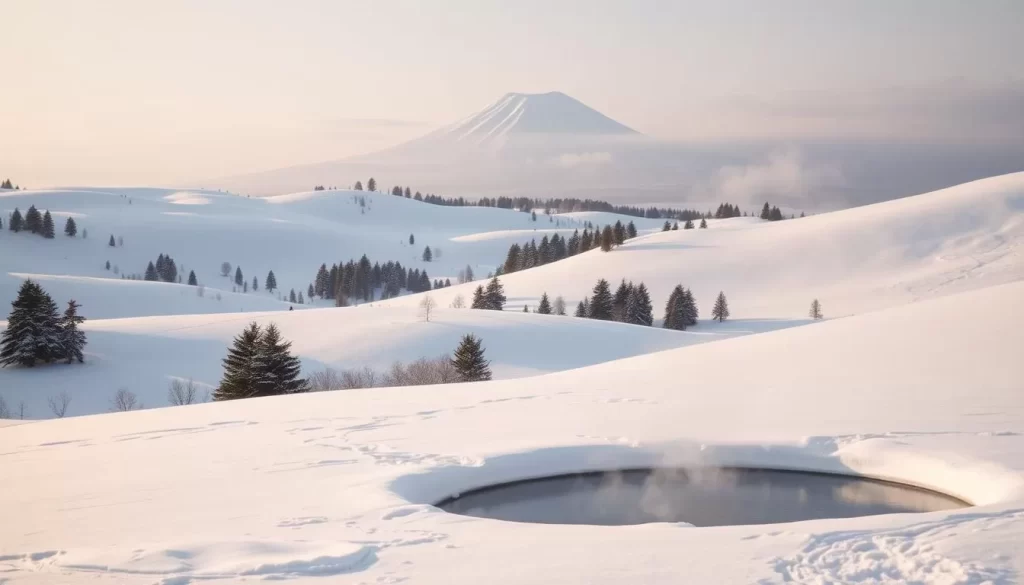 A serene winter landscape in Aomori prefecture, Japan. A blanket of pristine white snow covers the gently rolling hills, interrupted by the occasional cluster of evergreen trees. In the distance, the majestic silhouette of Mount Hakkoda rises, its peaks capped with a dusting of snow. The sky is a soft, muted gray, creating a sense of calm and tranquility. Thin wisps of steam rise from a hot spring nestled in the foreground, its steaming waters a stark contrast to the surrounding frozen stillness. Warm, diffused natural lighting illuminates the scene, casting long shadows and highlighting the textures of the snow. The overall mood is one of serene beauty, inviting the viewer to pause and appreciate the quiet charm of a Japanese winter.