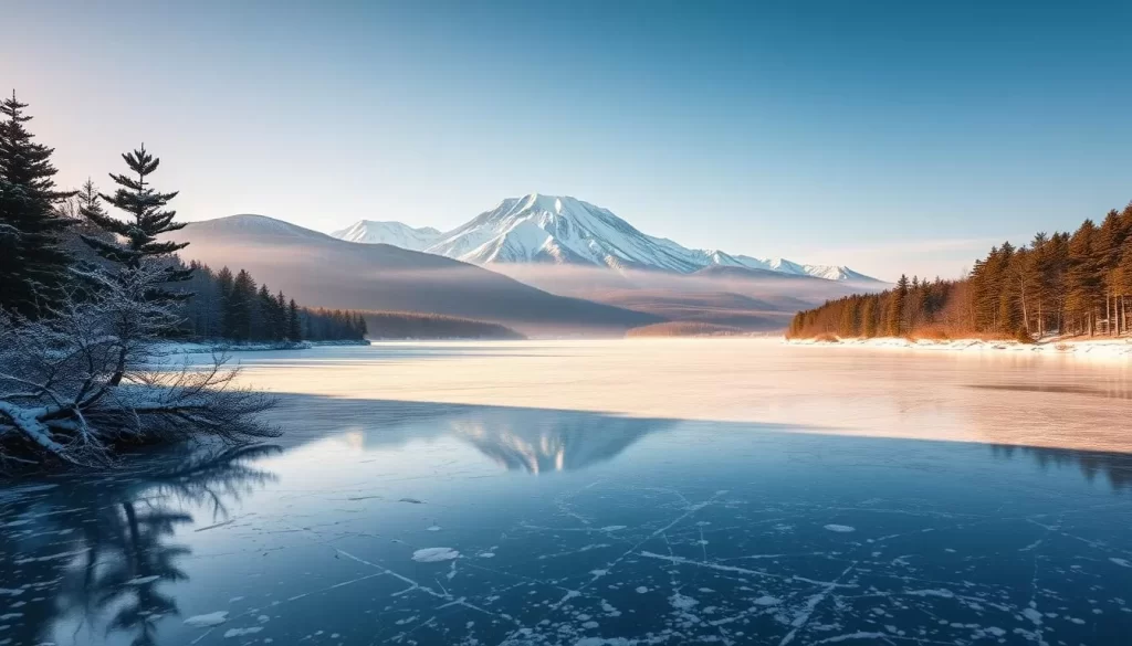 A serene winter landscape in Aso-Kuju National Park, Japan. A snow-capped mountain range, its peaks piercing the crisp blue sky, forms the majestic backdrop. In the foreground, a frozen lake reflects the tranquil scene, its surface dotted with the delicate patterns of ice crystals. Evergreen trees, their branches laden with snow, line the shores, creating a peaceful, wintry atmosphere. Warm, diffused lighting bathes the entire tableau, casting a soft, ethereal glow and highlighting the pristine, untouched beauty of this natural wonder. The image conveys a sense of tranquility and wonder, perfectly capturing the seasonal allure of Aso-Kuju National Park.