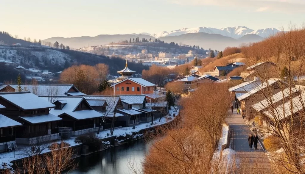 A serene winter landscape in Ehime, Japan, with a picturesque town nestled among rolling hills. The scene is bathed in a soft, golden light, casting a warm glow over the traditional tiled roofs and snow-dusted trees. In the foreground, a tranquil river winds its way through the valley, its surface reflecting the surrounding scenery. In the middle ground, people stroll along the streets, bundled up in warm coats, enjoying the mild temperatures and cultural experiences that Ehime has to offer during the winter season. The background features a distant mountain range, its peaks capped with a light dusting of snow, creating a serene and picturesque tableau.
