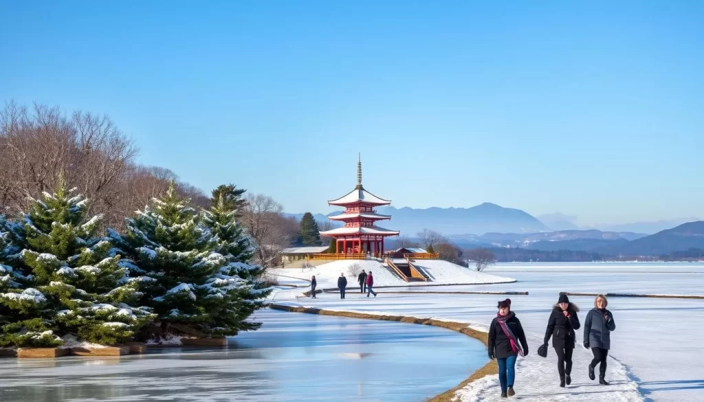 A serene winter landscape in Fukuoka, Japan, showcasing the region's mild climate and seasonal attractions. In the foreground, a picturesque frozen lake reflects the clear, blue sky above. Clusters of snow-capped evergreen trees line the shore, their branches gently swaying in the crisp, cool breeze. In the middle ground, a group of visitors stroll along a well-maintained path, bundled in warm coats and scarves, taking in the tranquil atmosphere. In the distance, a traditional Japanese pagoda or temple stands tall, its rooftops dusted with a light layer of snow, framed by a backdrop of rolling hills and the distant horizon. The scene is illuminated by soft, natural lighting, creating a serene and inviting ambiance that captures the essence of winter in Fukuoka.