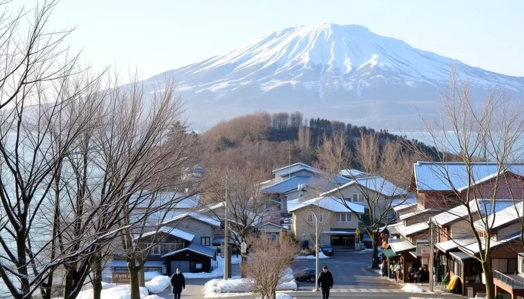 A serene winter landscape in Shizuoka, Japan, with a peaceful snow-capped mountain range in the background. In the foreground, a picturesque coastal town nestled along the gently lapping waves of the Pacific Ocean, bathed in soft, warm sunlight. Quaint traditional Japanese houses and shops line the streets, surrounded by bare-branched trees dusted with a light layer of snow. A few people stroll leisurely, bundled up against the mild chill. The scene exudes a tranquil, cozy atmosphere, perfectly capturing the essence of winter in this idyllic region.