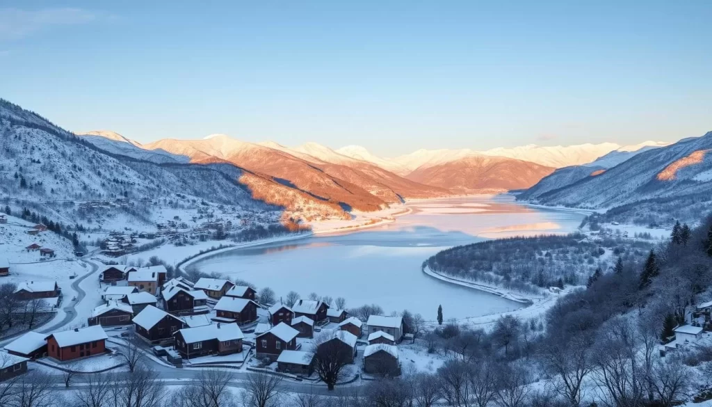 A serene winter landscape in Turkey, where snow-capped peaks and frozen lakes create a breathtaking tableau. In the foreground, a traditional Turkish village nestled among rolling hills, its cozy houses and cobblestone streets blanketed in a pristine layer of white. The middle ground features a meandering river, its surface reflecting the golden hues of the setting sun, casting a warm glow over the scene. In the distance, majestic mountains rise up, their rugged terrain softened by the delicate lace of icicles. The crisp, clear air and the gentle hush of the snowfall evoke a sense of tranquility and wonder, inviting the viewer to experience the captivating beauty of winter in this enchanting land.