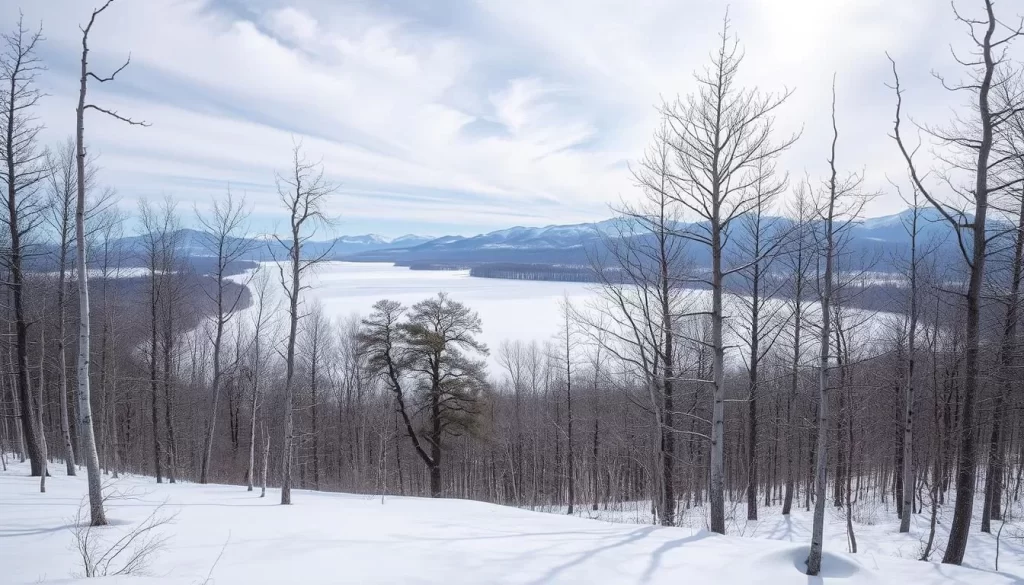 A serene winter landscape of Kushiro Shitsugen National Park in Japan. A snow-covered forest with tall, bare trees stands in the foreground, their intricate branches casting delicate shadows across the pristine white blanket. In the middle ground, a frozen lake reflects the pale blue sky and wispy clouds above. On the horizon, a range of rolling hills and mountains are dusted with a fresh layer of snow, creating a picturesque and peaceful scene. The lighting is soft and diffused, creating a tranquil atmosphere. Capture this natural wonder in a wide-angle, high-quality photograph that highlights the beauty and tranquility of this stunning winter wonderland.