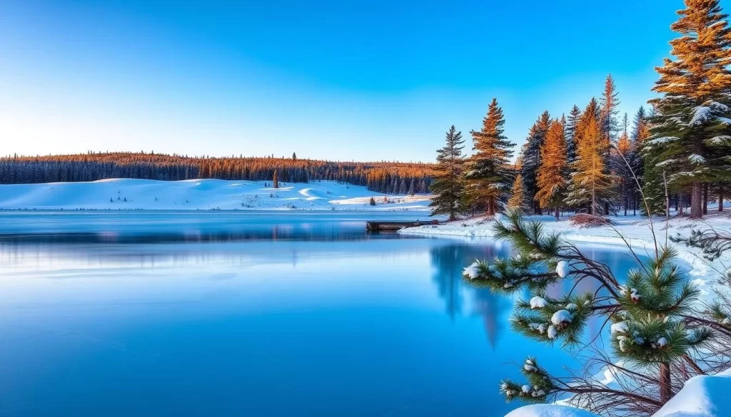 A serene winter landscape of St. Malo Provincial Park, Manitoba. In the foreground, a frozen lake reflects the clear sky and nearby pine trees, their branches laden with fresh snow. The middle ground features rolling hills blanketed in a pristine white mantle, dotted with more evergreens. The background showcases a distant tree line against a vibrant, azure sky, illuminated by the warm, golden glow of the afternoon sun. The scene exudes a peaceful, tranquil atmosphere, perfect for enjoying the park's natural beauty during the colder months.