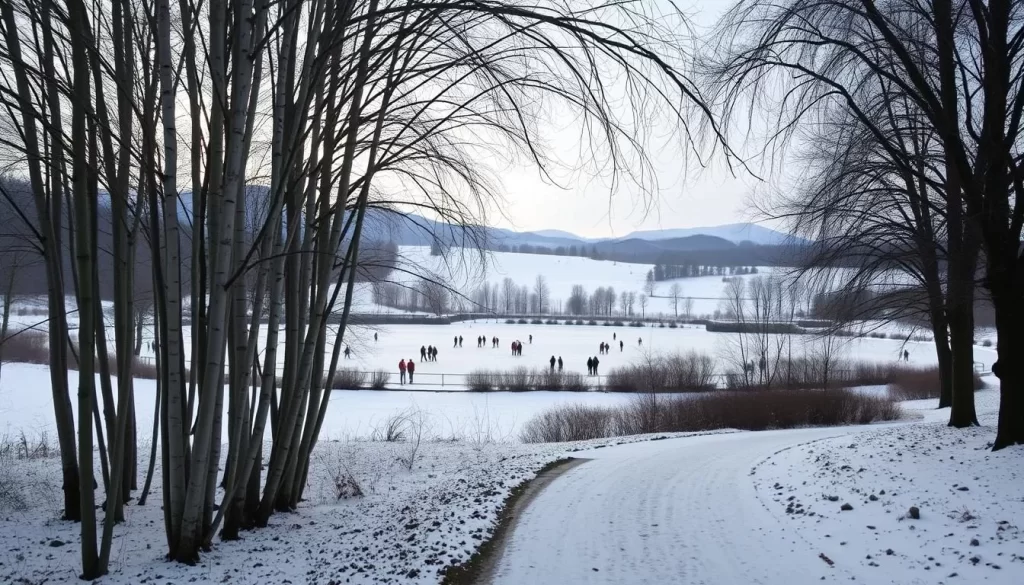 A serene winter wonderland in a lush park, with a dusting of snow blanketing the ground and trees. Capture the tranquil atmosphere with soft, diffused lighting filtering through the bare branches, casting gentle shadows across the scene. In the foreground, a snow-covered path winds through a grove of slender birch trees, inviting visitors to explore the peaceful landscape. In the middle ground, a frozen pond reflects the gray, overcast sky, its surface dotted with the silhouettes of people ice skating. In the distance, rolling hills covered in a pristine layer of snow provide a picturesque backdrop, evoking a sense of winter's calm and beauty.