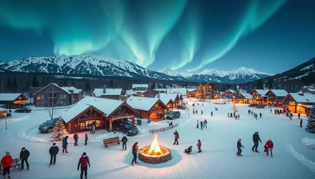 A serene winter wonderland in the heart of Alberta, Canada. In the foreground, a cozy village square bustles with festive activities - ice skating, roasting marshmallows by a crackling fire pit, children playing in the snow. The middle ground reveals snow-capped mountains, their peaks glittering in the soft, diffused sunlight. In the background, a northern lights display dances across the sky, casting a ethereal glow over the entire scene. The atmosphere is one of joy, wonder, and a deep appreciation for the beauty of the Canadian winter. Warm, inviting, and filled with the spirit of the season.