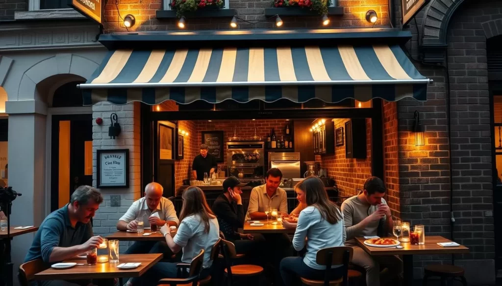 A small, charming pizzeria nestled on a quaint London street, its facade adorned with warm, inviting lighting and a classic striped awning. Inside, the cozy atmosphere is enhanced by rustic wooden tables, exposed brick walls, and the tantalizing aroma of freshly baked pizza wafting from the open kitchen. Locals and tourists alike savor each bite, their faces lit by the soft glow of candlelight as they enjoy the lively yet intimate ambiance, capturing the essence of London's vibrant pizza scene.