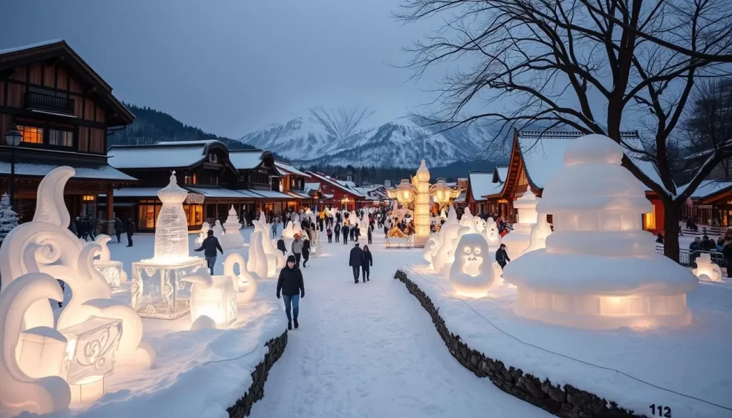 A snow-covered landscape in Gifu, Japan, during a winter festival. In the foreground, intricate ice sculptures and lanterns illuminate the scene, casting a warm glow. In the middle ground, people wander through the festival, taking in the sights and sounds. In the background, traditional wooden buildings and snow-capped mountains provide a picturesque backdrop. The lighting is soft and diffused, creating a serene and magical atmosphere. The image should be captured with a wide-angle lens to showcase the scale and grandeur of the event.