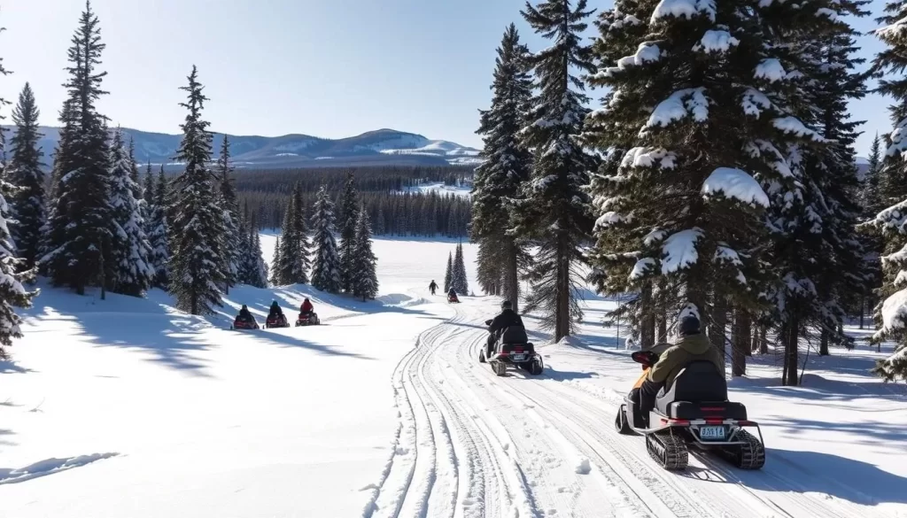 A snow-covered landscape in Whiteshell Provincial Park, Manitoba, Canada. A group of snowmobilers navigating a winding trail through a dense pine forest, with sunlight filtering through the branches. In the foreground, a well-groomed trail leads up to a frozen lake, its surface dotted with snowmobile tracks. In the middle ground, towering evergreen trees frame the scene, their branches heavy with freshly fallen snow. In the background, a range of snow-capped hills rises up, creating a serene and picturesque winter wonderland. The lighting is crisp and clear, casting long shadows and highlighting the texture of the snow. The mood is one of peaceful adventure, with the snowmobilers enjoying the exhilaration of their winter sport amidst the breathtaking natural beauty of the Canadian Shield.
