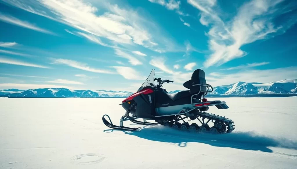 A snowmobile gliding across a frozen lake, its engine rumbling and tracks gripping the ice. The clear blue sky overhead, with wispy clouds drifting by. In the distance, snow-capped mountains rise, their peaks glistening in the sunlight. The scene exudes a sense of tranquility and adventure, inviting the viewer to imagine the thrill of exploring the vast, untamed landscape of Qaummaariit Territorial Park. The snowmobile sits poised, ready to embark on a journey through the winter wonderland, capturing the essence of the seasonal activities that make this park a true gem of Nunavut.