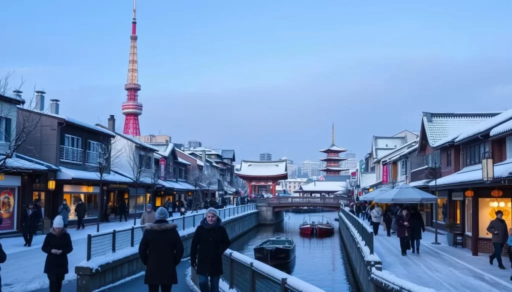 A snowy cityscape of Osaka in winter, with the iconic Tsūtenkaku tower rising majestically against a clear, cerulean sky. In the foreground, people stroll along the quaint streets, bundled in warm coats and scarves, admiring the festive decorations adorning the buildings. The middle ground features the serene Dotonbori canal, its waters reflecting the warm glow of lanterns and the silhouettes of traditional wooden boats. In the background, the distant Shitennoji temple and its pagoda-style roofs stand as a timeless symbol of the city's heritage, framed by a dusting of soft, powdery snow. Crisp, even lighting captures the tranquil, cozy atmosphere of a peaceful winter day in Osaka.