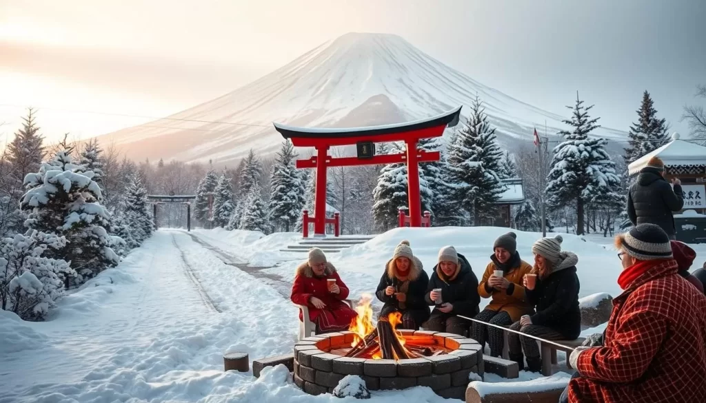 A snowy landscape in Tottori Prefecture, Japan, with a majestic snow-capped mountain in the background. In the foreground, a group of people in traditional winter attire are gathered around a crackling fire, roasting marshmallows and sipping warm drinks. The middle ground is filled with snow-covered trees and a path leading towards a traditional Japanese shrine, its red torii gate partially obscured by the falling snow. The scene is bathed in a warm, golden light, creating a cozy and inviting atmosphere. The overall mood is one of celebration and community, reflecting the vibrant winter festivals and snow-related activities that take place in this region.