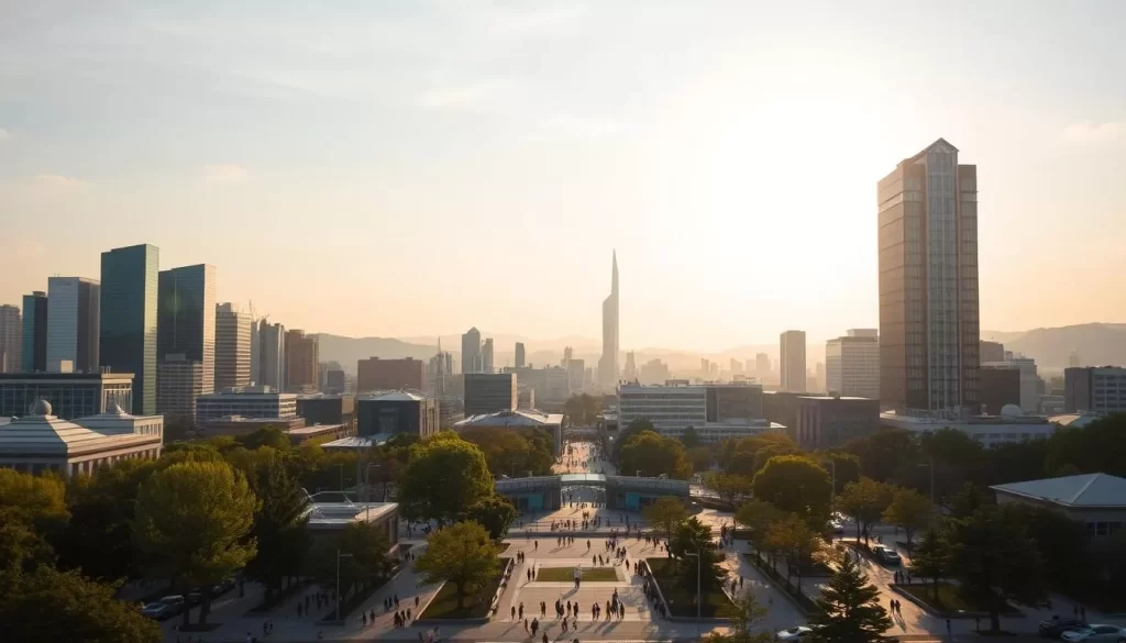 A sprawling cityscape nestled amidst verdant hills, Tsukuba Science City stands as a beacon of technological innovation. Towering skyscrapers and modern research facilities dot the skyline, their sleek glass facades gleaming in the warm, golden sunlight. In the foreground, a bustling plaza teems with pedestrians and cyclists, while in the distance, the iconic Tsukuba Center Building rises majestically, its unique architectural design a testament to the city's cutting-edge aesthetics. The scene is infused with a sense of energy and progress, reflecting Tsukuba's role as a hub of scientific discovery and academic excellence. The overall mood is one of dynamism and opportunity, inviting the viewer to explore the wonders that this remarkable city has to offer.
