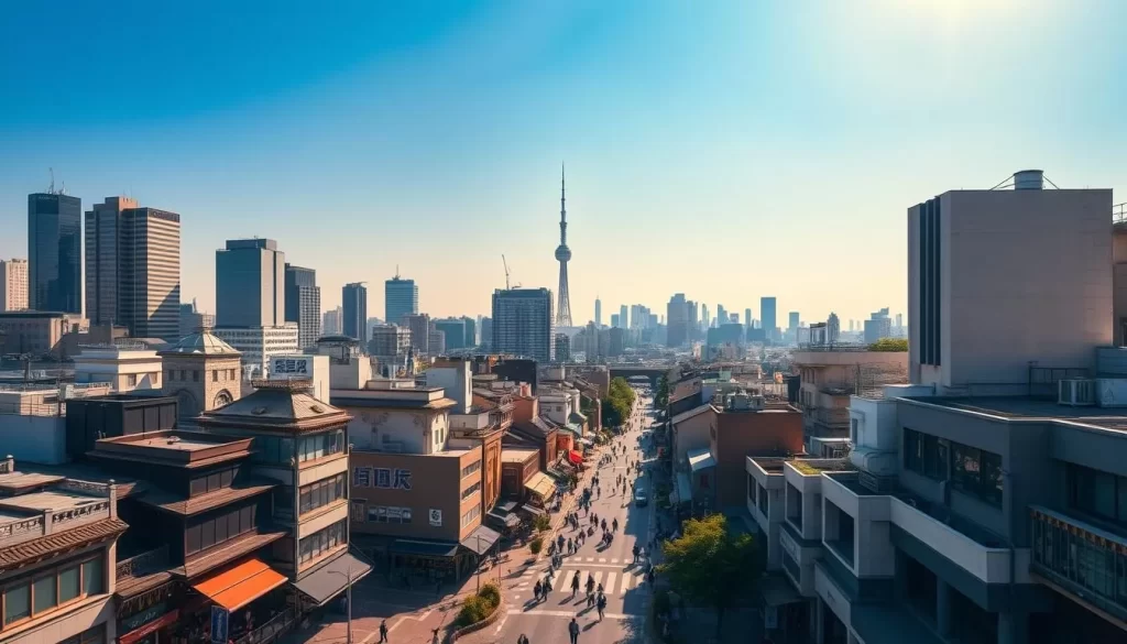 A sprawling cityscape of Kita-ku, Tokyo, on a pleasant day. Towering skyscrapers and modern high-rises stretch towards a bright, azure sky. Pedestrians stroll along bustling streets lined with charming shops and cafes, their façades adorned with intricate architectural details. In the distance, the iconic silhouette of Tokyo Skytree emerges, framed by lush greenery. Warm, diffused sunlight filters through the scene, casting a soft, golden glow and accentuating the vibrant energy of this thriving northern district of the Japanese capital.