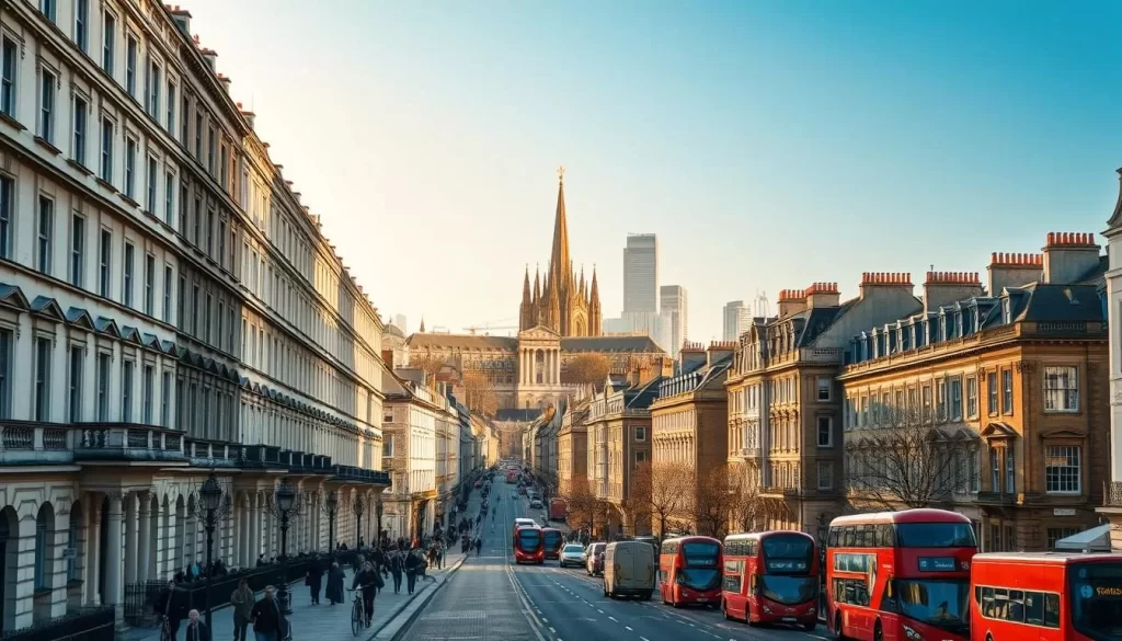 A sprawling cityscape of London's iconic streets, bathed in warm afternoon light. Tall Georgian townhouses line the cobblestone lanes, their ornate facades casting long shadows. In the foreground, pedestrians stroll leisurely, taking in the architectural grandeur that defines this historic city. Bikes and double-decker buses weave through the traffic, contributing to the vibrant, bustling atmosphere. In the distance, the spires of ancient cathedrals and the gleaming towers of modern skyscrapers create a striking juxtaposition, showcasing London's timeless blend of old and new. Capture the expansive scale and captivating allure of this world-class metropolis.