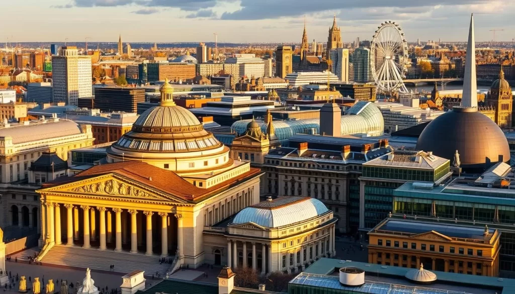 A sprawling cityscape of London's renowned museums, their grand facades bathed in warm, golden sunlight. In the foreground, the iconic dome of the British Museum rises majestically, surrounded by intricate architecture and bustling pedestrians. In the middle ground, the natural history museum's ornate Victorian-style exterior commands attention, while the Tate Modern's sleek, contemporary form stands as a testament to the city's cultural evolution. In the background, the London Eye and the Thames River create a picturesque backdrop, hinting at the vibrant energy and rich history that permeates this celebrated cultural district.