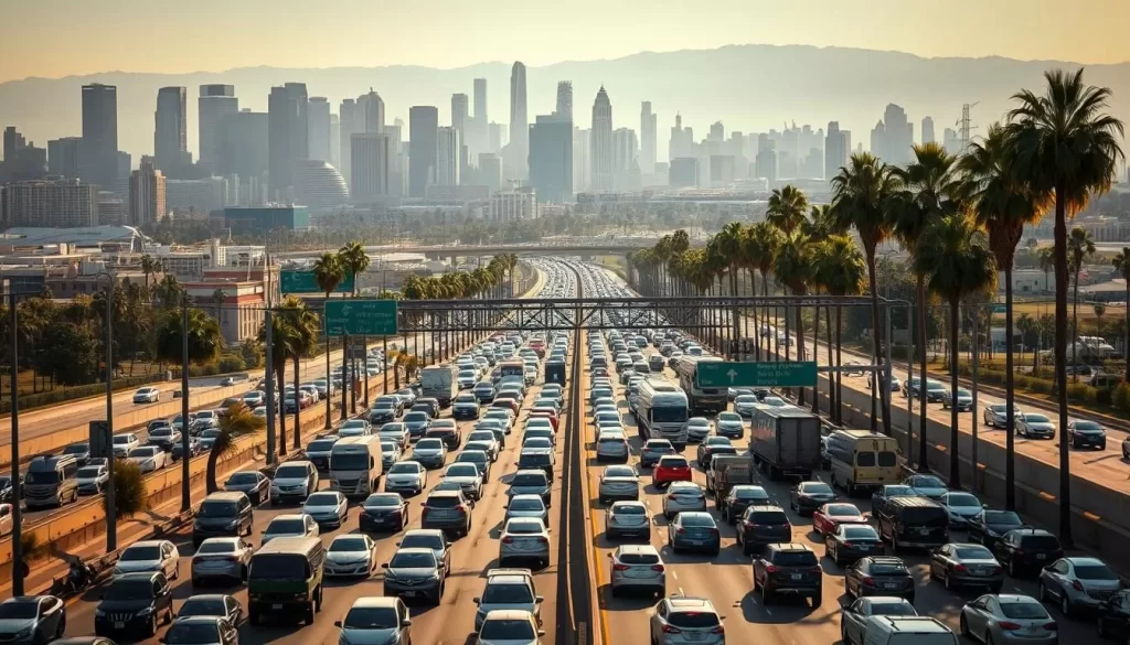 A sprawling cityscape of towering skyscrapers and bustling streets, captured in the warm glow of a sun-drenched afternoon. In the foreground, a sea of tightly packed vehicles crawling along the congested highways, their drivers and passengers trapped in a slow-moving, frustrating dance. Towering palm trees line the roads, casting long shadows across the scene. The air is thick with the hum of engines and the distant honking of horns, creating a cacophony of urban life. The mood is tense, with a sense of impatience and irritation palpable among the drivers. This is the infamous LA traffic experience, a chaotic and overwhelming sight that captures the sheer scale and intensity of the city's transportation challenges.
