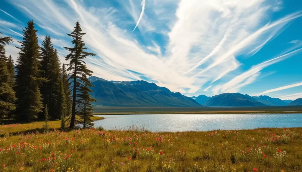 A sprawling northern landscape, where the vast tundra meets the rugged mountains. The sky is a brilliant azure, dotted with wispy cirrus clouds that cast gentle shadows over the scene. In the foreground, a tranquil lake reflects the surrounding beauty, its calm waters rippling gently in the soft breeze. Vibrant wildflowers dot the meadows, their petals dancing in the breeze. Towering evergreen trees frame the composition, their branches reaching skyward. The lighting is warm and golden, creating a serene and inviting atmosphere. This is the Northwest Territories, a land of stunning contrasts and breathtaking natural wonders.