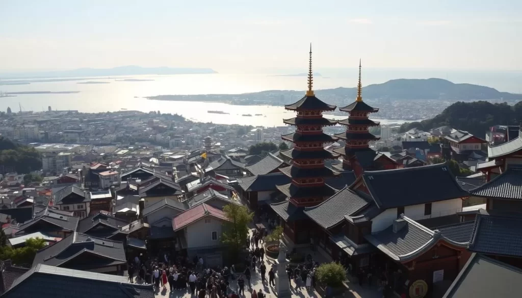 A sprawling vista of Matsuyama City, nestled in the picturesque Ehime Prefecture of Japan. Towering pagodas and ornate temples dot the landscape, their roofs gleaming in the soft, warm sunlight. The Seto Inland Sea shimmers in the distance, its azure waters lapping against the city's bustling harbor. In the foreground, throngs of locals and visitors alike wander the charming streets, immersed in the vibrant culture and rich history of this hidden gem. Capture the essence of Matsuyama's serene beauty, its harmonious blend of traditional and modern elements, in a wide-angle landscape shot using a high-quality lens. Convey a sense of tranquility and wonder, inviting the viewer to discover the allure of this captivating Japanese city.