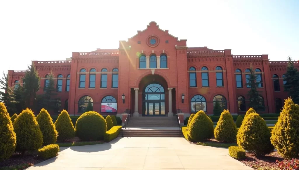 A stately and grand building with a striking red-brick façade and ornate archways, the RCMP Heritage Centre stands proudly in the heart of Regina, Saskatchewan. Capturing the historical significance of the Royal Canadian Mounted Police, the centre's architecture evokes a sense of proud tradition, with its well-manicured gardens and meticulously sculpted hedges surrounding the structure. The warm, golden sunlight bathes the scene, casting a soft, welcoming glow and highlighting the intricate architectural details. A clear, cloudless sky serves as the perfect backdrop, creating a tranquil and serene atmosphere for visitors to explore the rich history and legacy of the iconic RCMP.