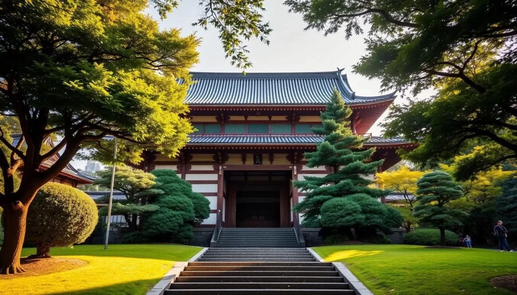 A stately, traditional Japanese building with elegant architecture, surrounded by a serene garden. The Meiji Jingu Museum stands tall, its wooden beams and intricate rooflines catching the warm afternoon sunlight. Lush greenery and carefully pruned trees frame the façade, creating a tranquil, contemplative atmosphere. The museum's entrance is marked by ornate gates, inviting visitors to explore the treasures within. Stepped stone pathways lead through the verdant grounds, guiding guests towards the museum's welcoming embrace. An air of reverence and cultural significance permeates the scene, capturing the essence of Japan's rich heritage.