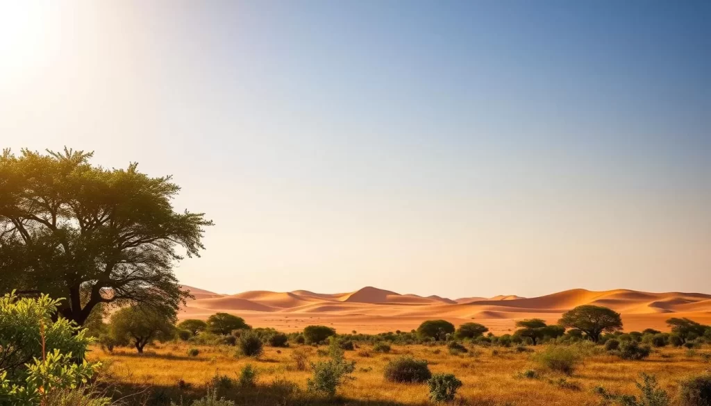 A striking landscape showcasing Niger's seasonal climate variations. In the foreground, a lush, verdant savanna dotted with vibrant green trees and shrubs during the wet season. In the middle ground, a vast, ochre-hued desert with rolling sand dunes and a cloudless azure sky, emblematic of the arid dry season. Warm, golden sunlight filters through, casting dramatic shadows and highlights across the undulating terrain. The scene conveys a sense of tranquility and balance, capturing the natural rhythms and contrasts that define Niger's remarkable seasonal cycle.