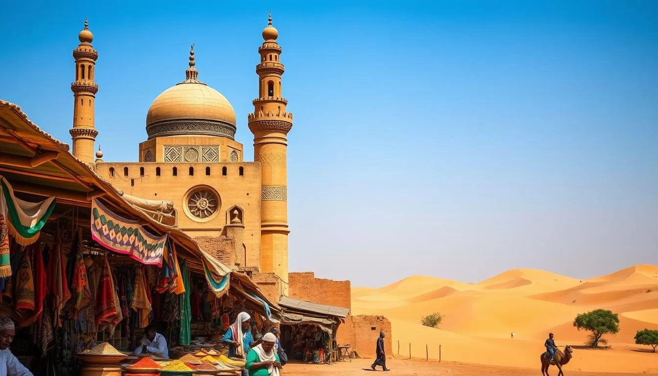 A stunning Mali travel guide showcasing the country's vibrant culture and stunning landscapes on a picturesque, sunny day. The foreground features a bustling marketplace with colorful textiles, spices, and local artisans. In the middle ground, iconic mud-brick architecture with intricate patterns and towering minarets rise against a clear, azure sky. The background reveals the majestic, rolling sand dunes of the Sahara desert, bathed in warm, golden light. Capture the sights, sounds, and essence of Mali through an immersive, high-resolution image that transports the viewer to this captivating destination.