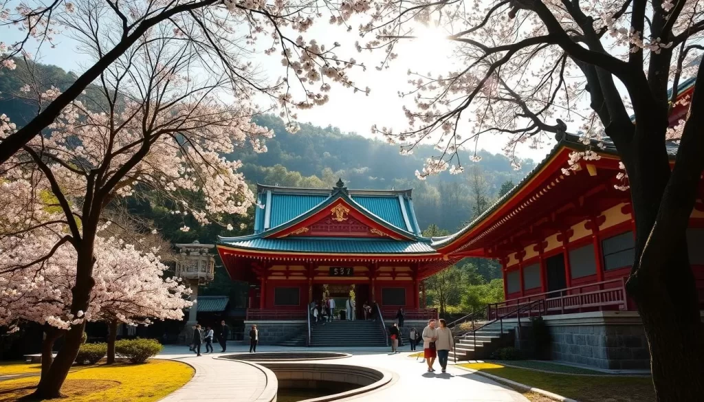 A stunning Shinto shrine nestled in the lush, verdant hills of Gifu, Japan. The Gifu Temple, with its distinctive pagoda-style architecture and crimson-red lacquered beams, stands in serene harmony amidst a peaceful garden landscape. Sunlight filters through the cherry blossom trees, casting a warm, golden glow across the ornate wooden structures. Visitors wander the serene pathways, pausing to admire the intricate carvings and tranquil ponds. An atmosphere of spiritual contemplation and reverence pervades the scene, inviting the viewer to pause and immerse themselves in the timeless beauty of this sacred Japanese landmark.