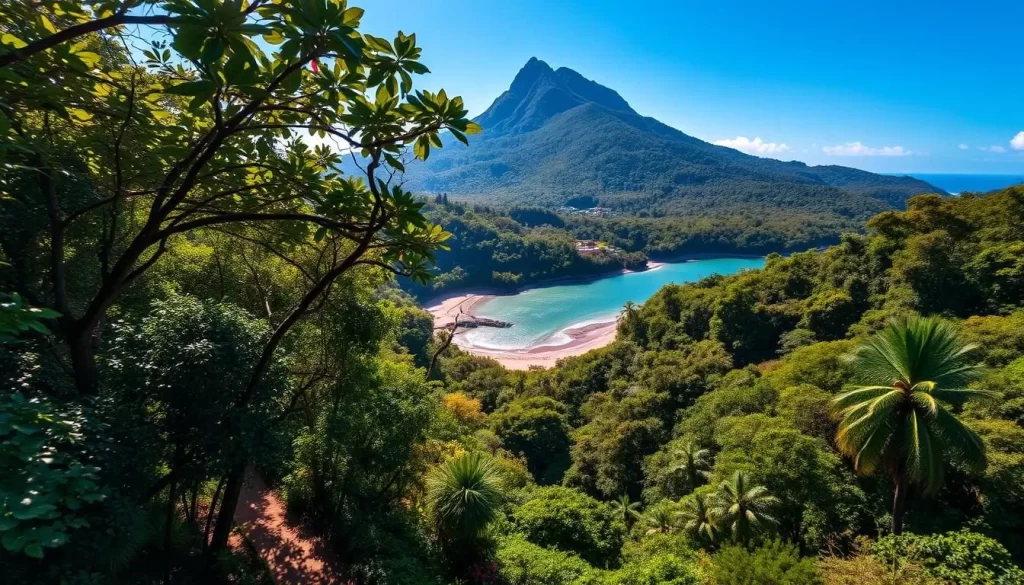 A stunning aerial view of Corcovado National Park, Costa Rica, showcasing its lush rainforest canopy, pristine beaches, and the iconic Corcovado peak in the distance. Dappled sunlight filters through the verdant foliage, casting a warm, natural glow over the landscape. In the foreground, a winding trail leads hikers through the diverse ecosystem, past towering trees and vibrant flora. The middle ground features a serene river, its waters glistening as it meanders through the park. The background is dominated by the majestic Corcovado mountain, its jagged silhouette standing tall against a clear, azure sky. The overall scene exudes a sense of adventure, tranquility, and the sheer natural beauty that makes Corcovado a must-visit destination.