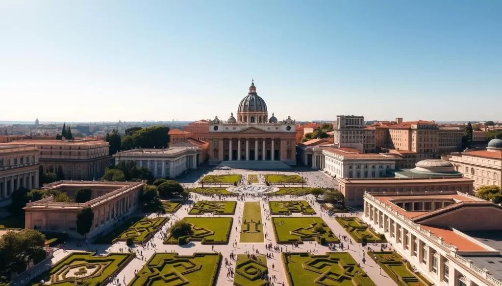 A stunning aerial view of the Vatican Museums, bathed in warm afternoon sunlight. The iconic Renaissance architecture of the museum's facades and courtyards dominates the frame, surrounded by lush, verdant gardens. In the foreground, a crowd of visitors wanders the expansive grounds, marveling at the grandeur of the historic buildings. Midground, the iconic Sistine Chapel rises, its ornate façade casting dramatic shadows across the scene. In the distance, the iconic St. Peter's Basilica and its towering dome stand tall, completing the breathtaking panorama. Captured with a wide-angle lens to showcase the scale and majesty of this renowned cultural landmark on a picturesque, cloud-free day.