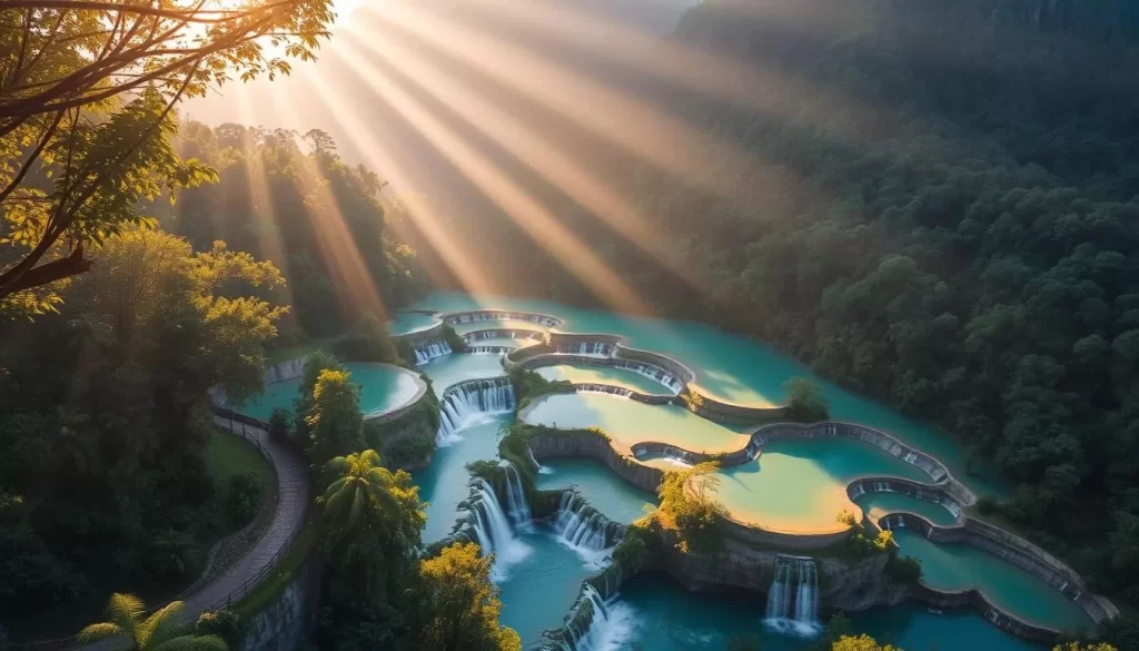 A stunning aerial view of the breathtaking Semuc Champey natural pools in Guatemala. Turquoise-hued waters cascade over limestone terraces, surrounded by lush, verdant foliage. Sunlight filters through the canopy, casting a warm, golden glow over the tranquil scene. Rugged, towering mountains rise in the distance, creating a picturesque backdrop. The composition showcases the natural beauty and serenity of this captivating destination, inviting the viewer to imagine themselves immersed in this serene, tropical paradise.