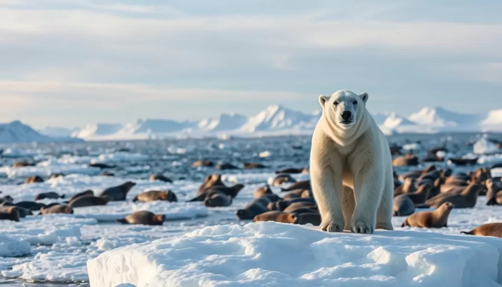 A stunning arctic landscape teeming with wildlife. In the foreground, a majestic polar bear stands atop a snow-covered ice floe, its gaze piercing the viewer. Surrounding it, schools of seals bask in the crisp air, their sleek bodies gliding across the icy waters. In the middle ground, a pod of beluga whales breach the surface, their white forms cutting gracefully through the tranquil sea. In the background, snow-capped mountains rise up, their peaks bathed in the warm glow of the sun, creating a serene and awe-inspiring atmosphere. The scene is captured with a wide-angle lens, showcasing the vast expanse of the Arctic wilderness and the harmony of its inhabitants.