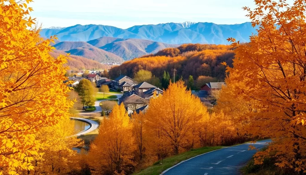 A stunning autumn landscape in Miyazaki, Japan. In the foreground, a winding path leads through a vibrant tapestry of golden maple leaves, their hues glowing under the soft, warm light of the afternoon sun. The middle ground reveals a picturesque village nestled among rolling hills, its traditional tiled roofs and quaint buildings reflecting in a tranquil pond. In the distance, a range of rugged, forested mountains rise up, their peaks capped with a dusting of early snow. The scene exudes a serene, contemplative atmosphere, inviting the viewer to immerse themselves in the beauty of Miyazaki's autumnal splendor.