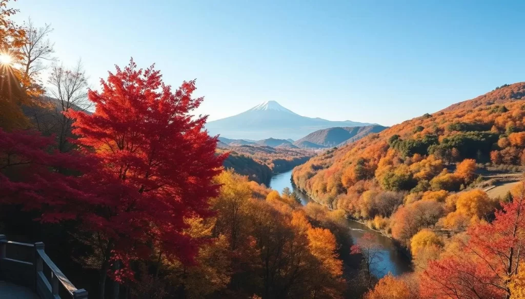 A stunning autumn landscape in Yamagata Prefecture, Japan. In the foreground, a vibrant mix of maple, oak, and ginkgo trees with leaves ablaze in hues of crimson, gold, and amber. The mid-ground reveals a winding river reflecting the brilliant foliage, flanked by rolling hills clothed in a patchwork of seasonal colors. The background showcases a distant mountain range silhouetted against a clear, azure sky, bathed in the warm glow of the afternoon sun. The scene evokes a sense of tranquility and the fleeting beauty of the autumn season. Capture this quintessential Japanese autumnal tableau with a cinematic, wide-angle lens to showcase the depth and grandeur of the setting.