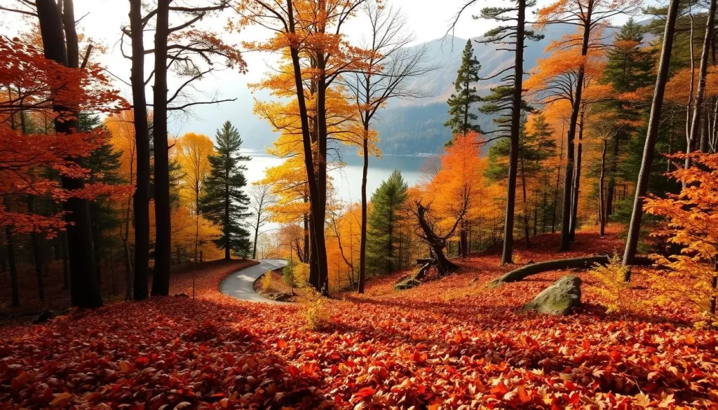A stunning autumnal landscape in Iwate, Japan. In the foreground, a lush carpet of fallen crimson leaves covers the forest floor, contrasting with the vibrant orange and yellow foliage of the deciduous trees. The middle ground reveals a winding hiking trail, flanked by towering pines and maples, their branches swaying gently in the crisp breeze. In the distance, a tranquil lake reflects the surrounding mountain peaks, their slopes ablaze with the warm hues of the season. Soft, diffused natural lighting filters through the canopy, casting a golden glow across the serene scene. Capture the essence of Iwate's stunning autumn beauty with a sense of peaceful solitude.