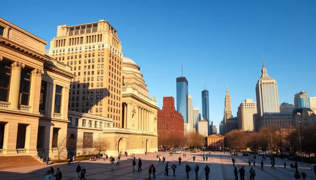 A stunning cityscape of New York City's museum landscape, captured on a beautiful sunny day. Towering neo-classical and art deco buildings, with their iconic facades, stand prominently in the foreground, casting long shadows across the bustling plaza. In the middle ground, visitors stroll leisurely, admiring the architectural wonders. The background is filled with the iconic skyscrapers of Manhattan, their glass and steel silhouettes reaching towards the clear azure sky. The scene is illuminated by warm, diffused natural lighting, creating a sense of elegance and sophistication. Capture the essence of New York City's cultural heart, where art, history, and modernity converge.