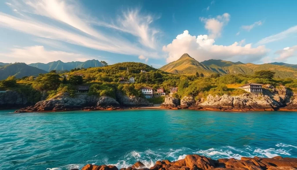 A stunning coastal landscape of the Izu Peninsula, Japan. In the foreground, crystal-clear turquoise waters gently lap against a rugged, rocky shore dotted with lush greenery. The middle ground features rolling hills covered in vibrant foliage, with the occasional traditional Japanese architecture peeking through. In the background, majestic mountains rise up, their peaks shrouded in wispy clouds illuminated by warm, golden sunlight. The scene exudes a serene, tranquil atmosphere, inviting exploration of this hidden coastal gem.